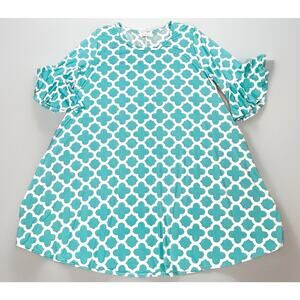 Lily Sky Dress Women's‎ 3X Aqua Blue Midi Trellis Print Pockets 3/4 Bell Sleeves